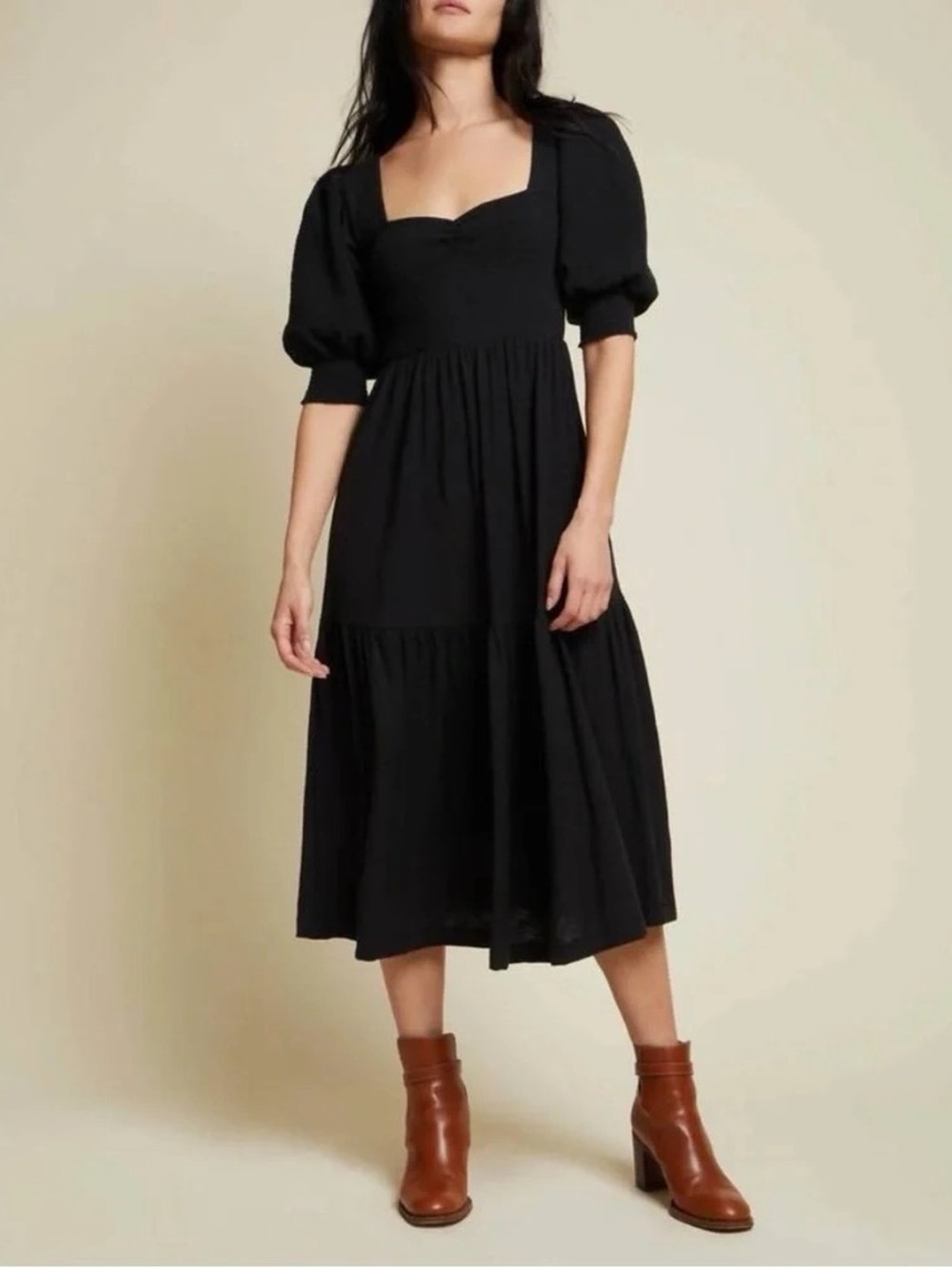 Nation LA Pima Cotton Black Square-Neck Puff Sleeve Midi Dress Small
